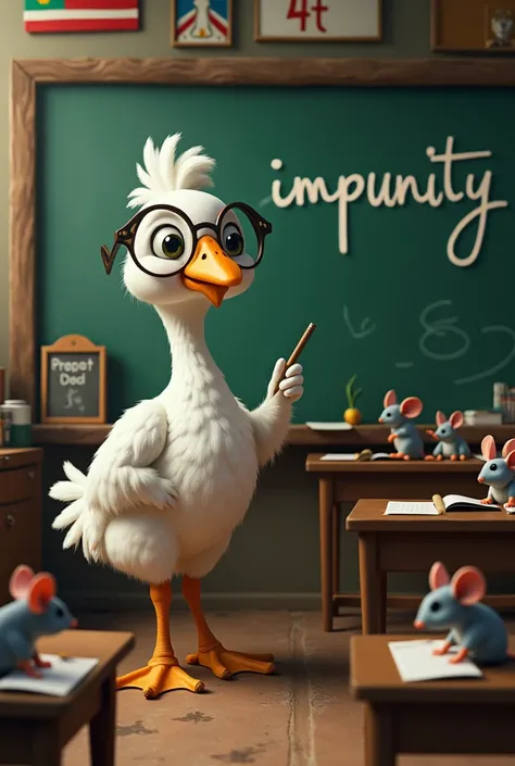 A goose in a classroom, The goose wears professor glasses, writing the word impunity on a blackboard, In the classroom there are five little mice writing down the goose&#39;s teachings in a notebook., In the classroom there is a Mexican flag, and a sign th...