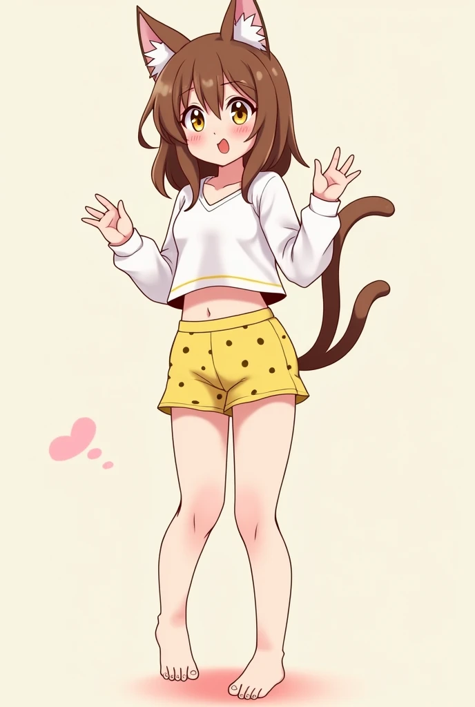 Anime girl with cat ears and tail and wearing a long-sleeved crop top and cartoon-style shorts