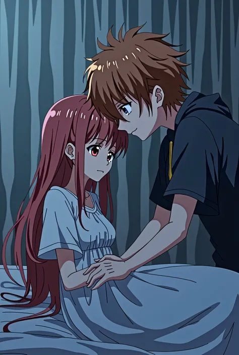 Sad girl young girl anime flat chest red hair long hair bangs red eyes sad anime blue hour white dress, romantically receiving a massage Young teen boy, shaggy ginger hair, blue eyes, grunge outfit, anime style, shojou style shonen style anime style, shone...