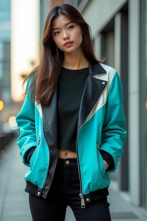 Black, white and turquoise jacket