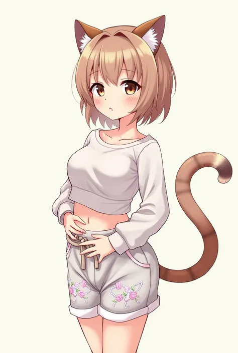 Anime girl with cat ears and tail and wearing a long-sleeved crop top and drawing-style shorts with her hand on her stomach