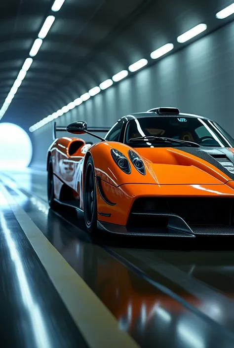 A hyper realistic Pagani Huayra, orange color mix carbon fiber parts, speeding in the illuminated tunnel in the dark night, speed blurry effects, front view, low angle photo taken. The white plate texted in black font "B 10 GI" , dramatic lighting, it shin...