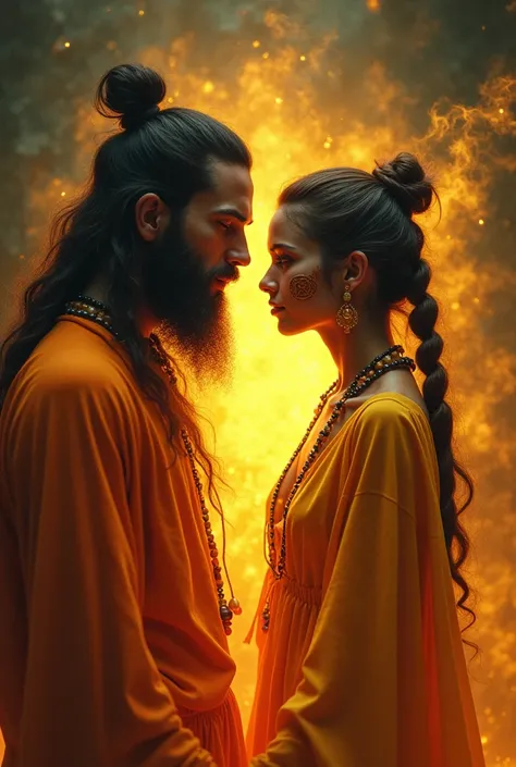 face of a white hippie man with a beard and a bun. face of an indigenous woman, psychedelic, magic, Avatar, Mystical Couple, yellowish orange aura, orange robes, black background