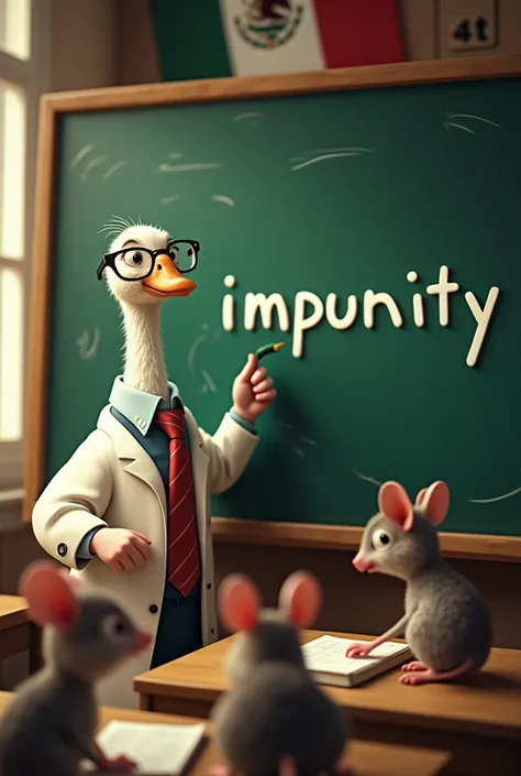 A goose in a classroom, The goose wears professor glasses, writing the word impunity on a blackboard, fraud, corruption, incompetence, In the classroom there are five little mice writing down the goose&#39;s teachings in a notebook., In the classroom there...