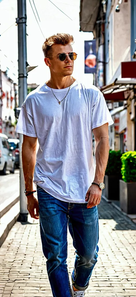 A man walks along the city streets, it&#39;s day outside, a man of about 2, slim build, in jeans and an oversized t-shirt, casual style, all clothes are loose, white t-shirt, high detail, correct anatomy,  warm daylight, handsome man in a white shirt 