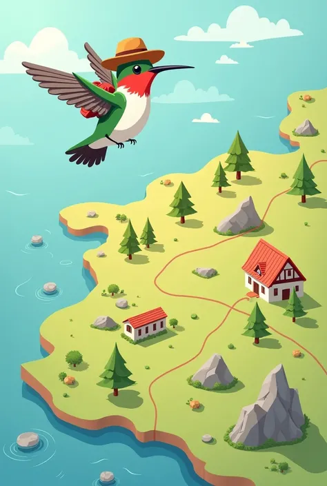 create map of Cundinamarca with a hummingbird flying over the map, the hummingbird is wearing a hat and a backpack in a cartoon