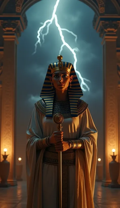 An ultra-realistic, 8K, cinematic image of Queen Pharaoh HATSHEPSUT, dressed in royal attire, wearing the pharaonic crown, and holding the scepter, with an expression of authority and power. The setting should be a luxurious Egyptian palace, dark sky, stor...