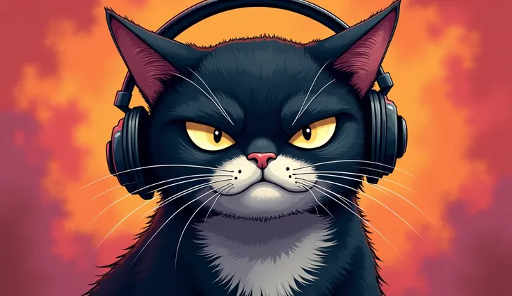 **Illustration of an extremely super grumpy, short-haired cat with a black and gray coat pattern, wearing headphones. The cat has a stern, angry expression, with slightly narrowed eyes and prominent eyebrows, giving it a humorous but intimidating appearanc...