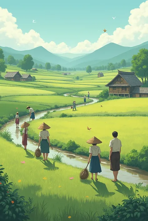  men and women who are humble neighbors, They work in the fields quietly, anime