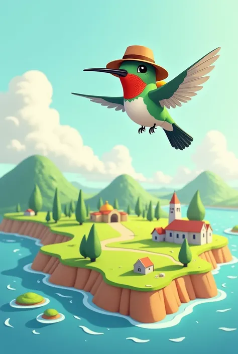 create map of Cundinamarca with a hummingbird flying over the map, the hummingbird is wearing a hat and a backpack in a cartoon