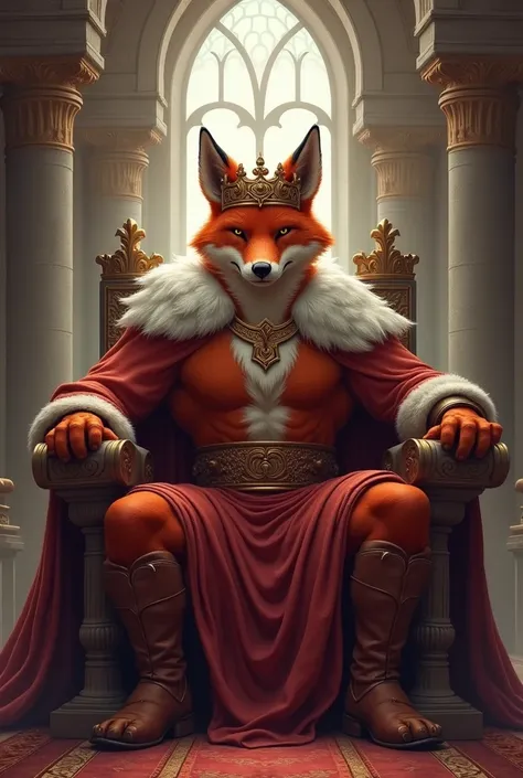 a muscular fox king with a crown written "Fuewes", in a castle in the medieval era 