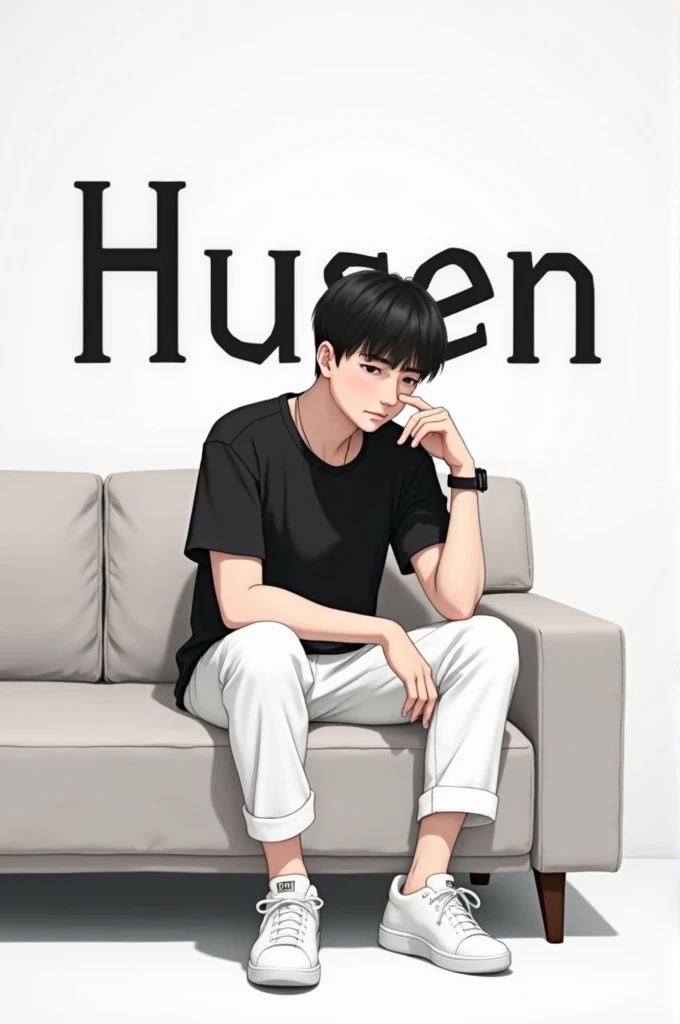 A boy sitting on sofa with black t shirt and white pants with white shoes a simple watch in his right hand in the background there is a name Husen in black colour and background is white 