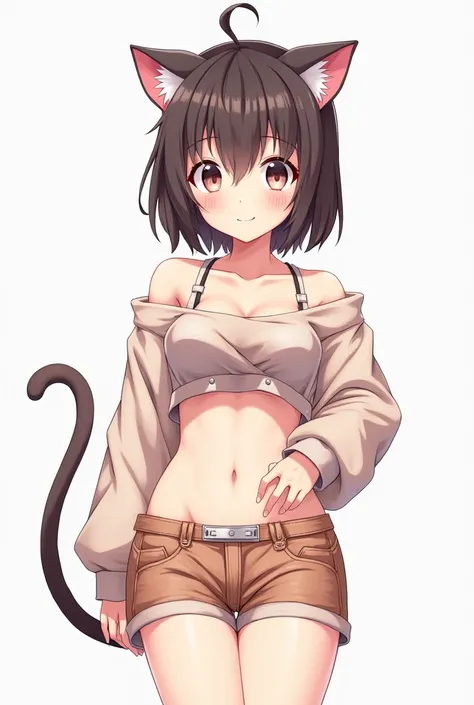 Anime girl with cat ears and tail and a crop top that shows her belly and long sleeves and drawing-style shorts with her hand on her stomach