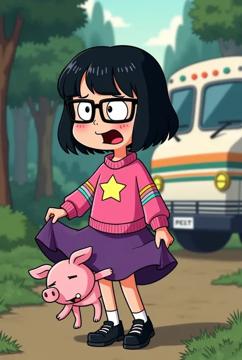 Mabel gravity falls short black hair and glasses a pig biting her purple skirt pink sweater with a star and a rainbow black shoes and white socks in a forest and a white bus in the back with green and orange stripes her with her mouth open complaining