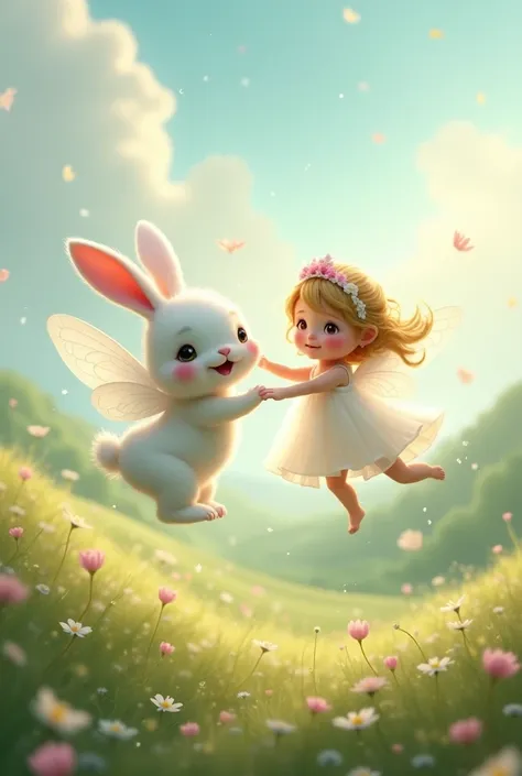 cute white bunny flying with beautiful  fairy with white dress