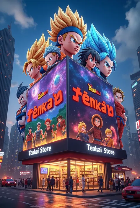 Create a cover with the following name "Tenkai Store Piura" referring to the sale of anime collectible figures for men, keep in mind Dragon Ball Z, One Pice y Naruto