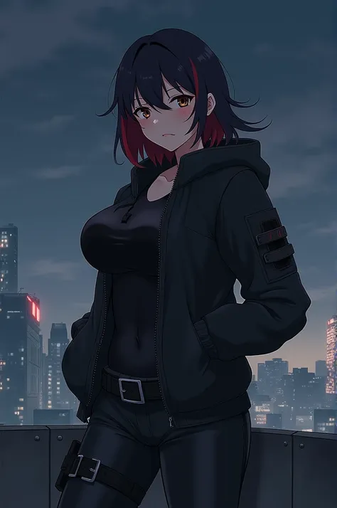 an 1 girl with large breasts with black hair and red highlights brown eyes and wearing an outfit consisting of a closed black jacket black combat pants combat boots with bands on both arms with a tired look sitting on top of a building at night in anime st...