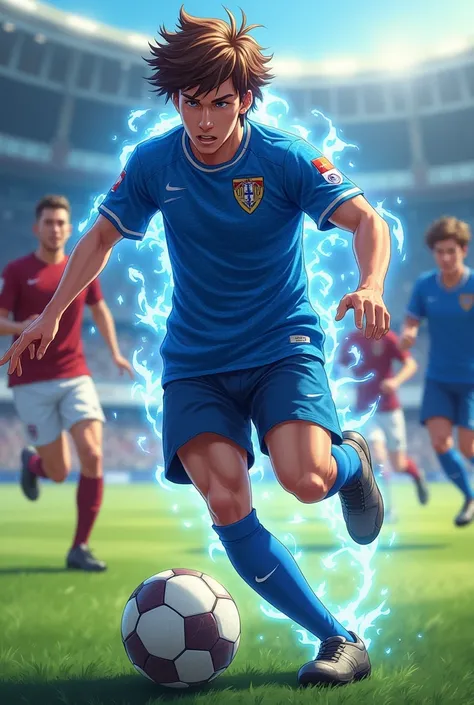 make a brown haired male soccer player shirt 10, dribbling everyone who comes your way, with a blue lock shirt(anime) and with an aura of pieces