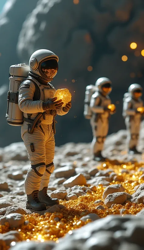 A miniature representing a futuristic scene in which a group of astronauts is collecting valuable minerals on an asteroid. In the foreground, an astronaut is shown holding a space rock that shines with golden and silver tones, indicating the presence of pr...