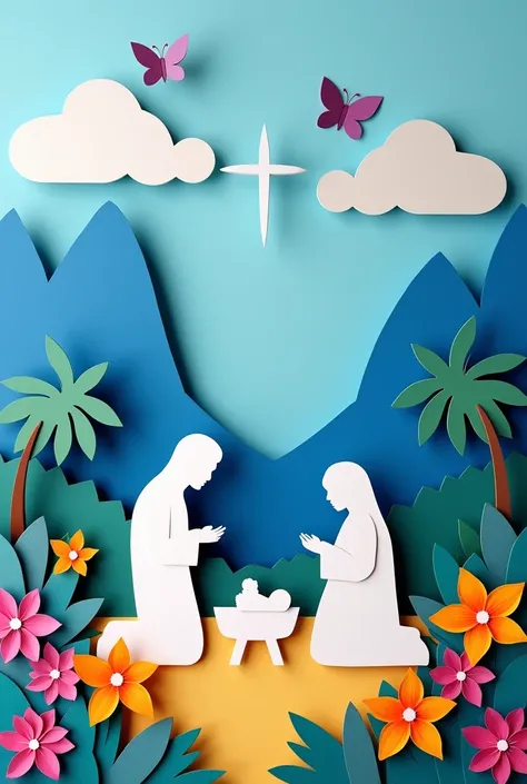  Cover the door with light blue paper that simulates the sky. Cut out figures of Baby Jesus, Mary and Joseph on white cardboard, placing them on a background of Venezuelan plain with mountains and palm trees.
Additional Elements: Add typical flowers such a...