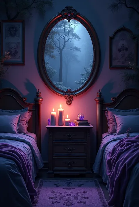 there is a frontal direct picture of a night stand, pagan witch bedroom, inside a wiccan bedroom, gloomy dark lighting, half lit room, decoration around the room, gloomy light masterpiece, dim ambient lighting, forest themed, round picture frame on the wal...