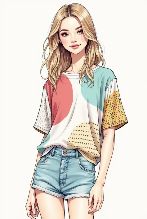 Create a sketch in a drawing of casual clothing with specific prints, a blouse for a young woman 
