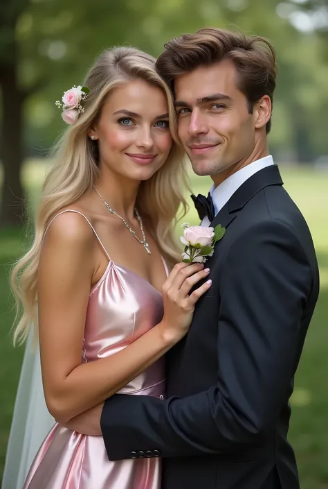 Realistic close upper body portrait of a young blonde hair haired German flower girl aged 20 with long hair and a young man, Hairband, Flower in the Hair, Necklace, smile. She stand in front of the camera in a shiny metallic pink satin A-line dress with st...