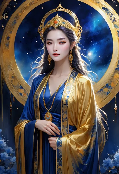 Her appearance is marked by long flowing robes that seem to change color depending on the light., reflecting deep blue and gold hues, symbolizing mystery and wisdom. His face is serene, with delicate features and penetrating eyes that seem to see beyond th...