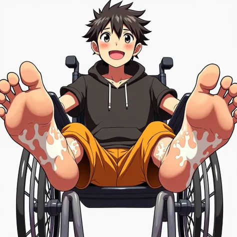 Young man in wheelchair smiling showing sweaty smelly anime feet