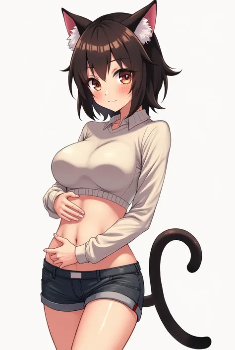 Anime girl with huge breasts, cat ears and tail and a long-sleeved crop top leaving her belly more noticeable and shorts reaching her knees with her hand on her stomach in manga drawing style