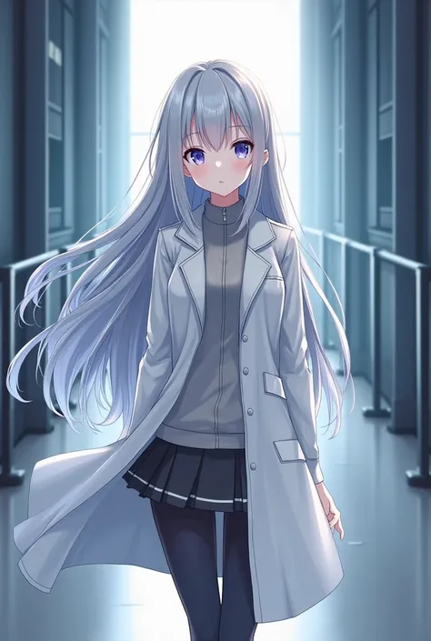 anime girl with long hair and white coat standing in a hallway, front line style for girls, of the girls on the front line, of the knights, Portrait anime space cadet , cute anime girl, Anime visual of a cute girl, silver hair girl, an anime girl, anime me...