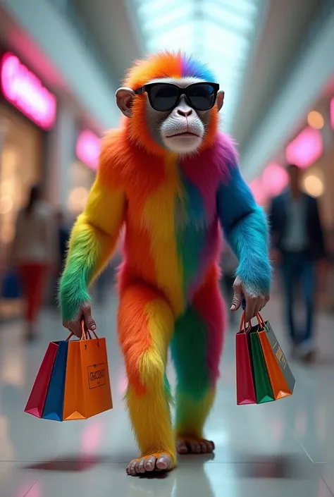 A monkey with the fur of the passive gay lgbt flag in a shopping mall with black sunglasses and several bags from fancy makeup stores, he is parading around drawing a lot of attention with an enviable and mocking facial expression.