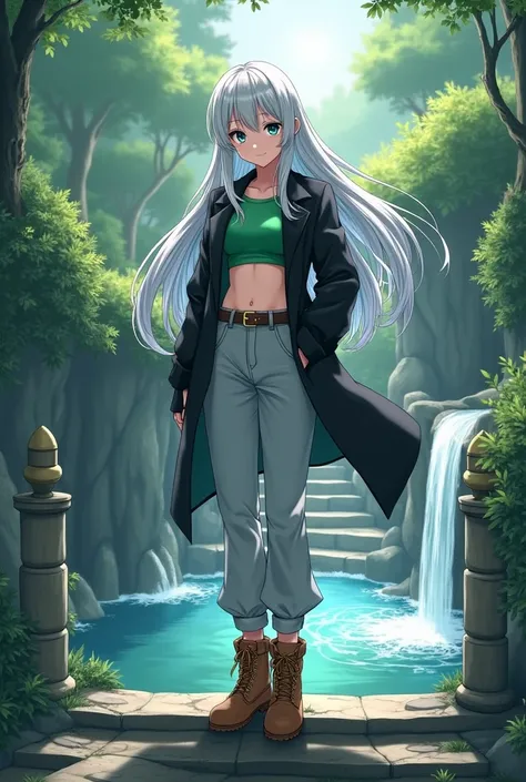 anime girl, long silver hair, black coat, green crop top, light grey trousers, Timberland boots, water on a staircase into a river