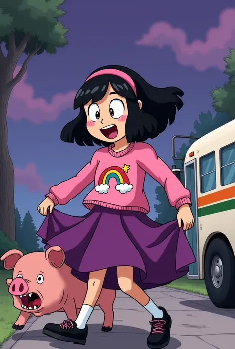 Mabel gravity falls approximately  body medium build, black hair parted in the middle regular nose, Pink sweater with a rainbow and a star on it, a pink hair band, a purple skirt, black shoes, white socks, a bus in the back, purple sky, trees in the back, ...