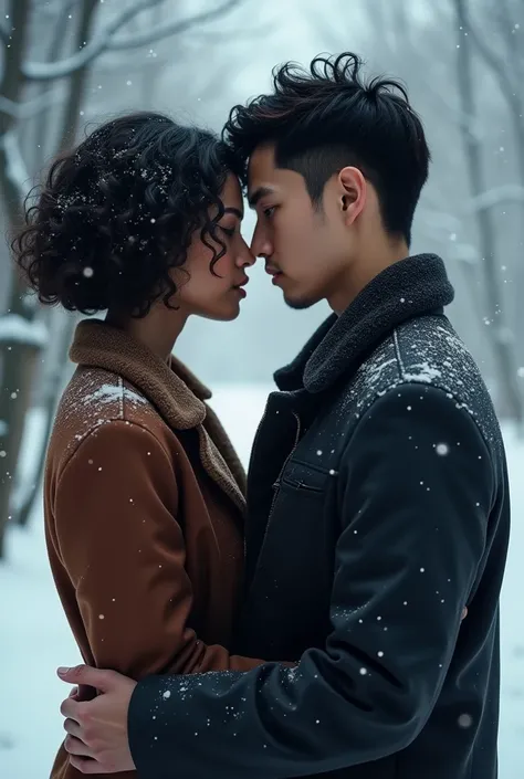 the best cover for a romance book, in Korea of a dark-skinned Latina girl, short curly hair and a Korean, with some winter 