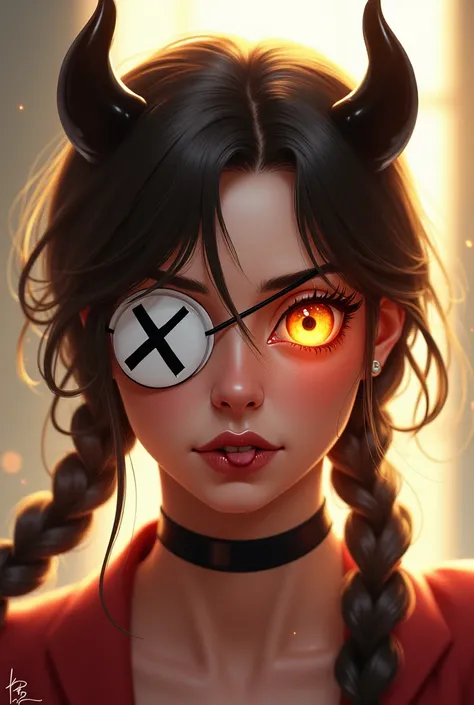 airbrushed digital illustration of a woman with braided hair, featuring playful devil horns. She wears a white eye patch with a bold black ‘X’ symbol on it, and her other eye glows with a golden, almost supernatural hue. Her facial expression is mischievou...