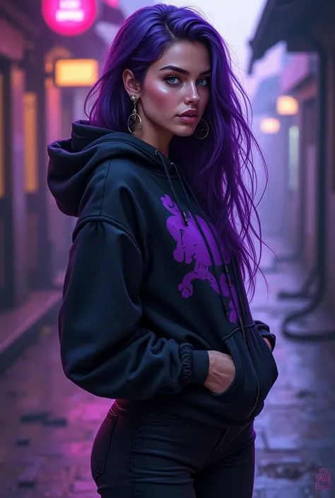 realistic oil painting, Beautiful woman with European features, Spanish, 30 YEARS, long dark purple hair , intense blue eyes, blushing cheeks, porcelain white skin, SPLASHED NOSE, full lips. He wears a black hooded sweatshirt with purple symbols , black pa...