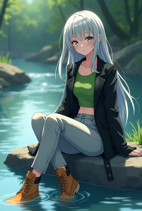 anime girl, long silver hair, black coat, green crop top, light grey trousers, Timberland boots, sitting on a rock in a river, keeps one foot in the water