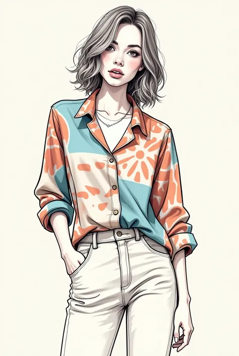 Create a sketch in a drawing of casual clothing with specific prints, a blouse for a young woman 
