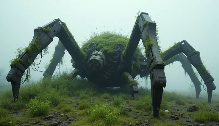 a huge upside-down spider robot broken and shattered into many pieces, grass grew lush on the wreckage, the fog, the gloomy