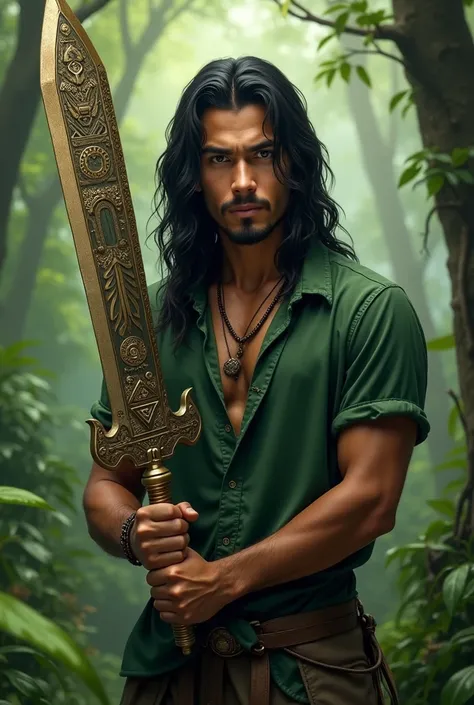 Young man with long black hair wearing a green shirt holding an Aztec weapon looking ahead with the forest behind him