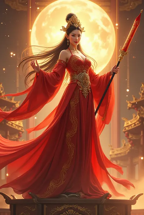 Chinese goddess Zhūquè, long hair, dressed in red robes with elaborate gold embroidery, standing on the golden chariot, holding medieval Chinese banner and a medieval Chinese weapon