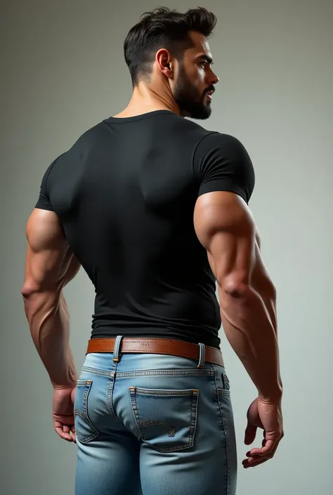 Imagen hiper realista de Chris, A muscular Italian man in his late 45s with a Greek god physique. He is wearing a silky black fit tshirt and light blue jeans, brown belt, (((backside))) (((Big Bubble butt) de perfil , muy nalgon