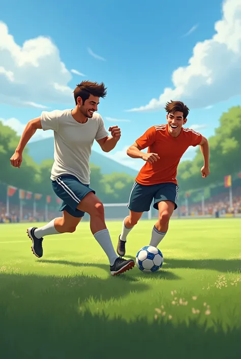 two human male friends playing soccer on a field , dribbling, running