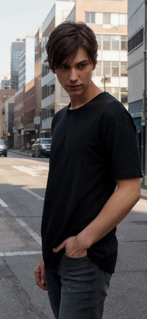 Against the backdrop of the city streets during the day, roads,, soft warm light, in the foreground is a 2 guy, of slender build, short dark hair, dressed in jeans and a black t-shirt, T-shirt big, loose shirt, casual style, attention to a man, high detail...