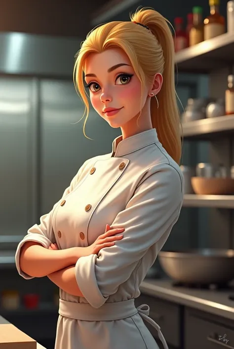 create the image of a blonde female cook standing