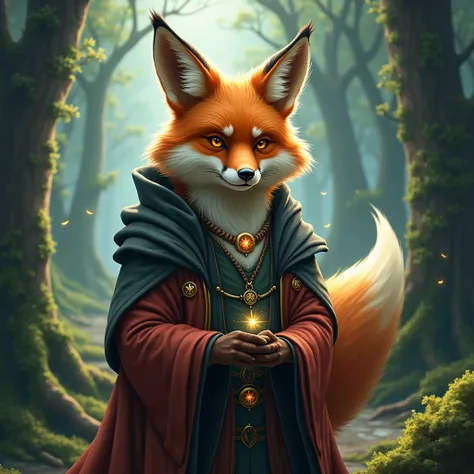 high quality, 8K Ultra HD, Fox fantasy as wise warm sorcerer