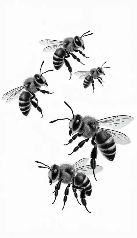 Several bees in different positions.The realistic drawing style with high details in shadows and soft textures. You can see the pencil stroke in some parts of the drawing, In its shading the background is white