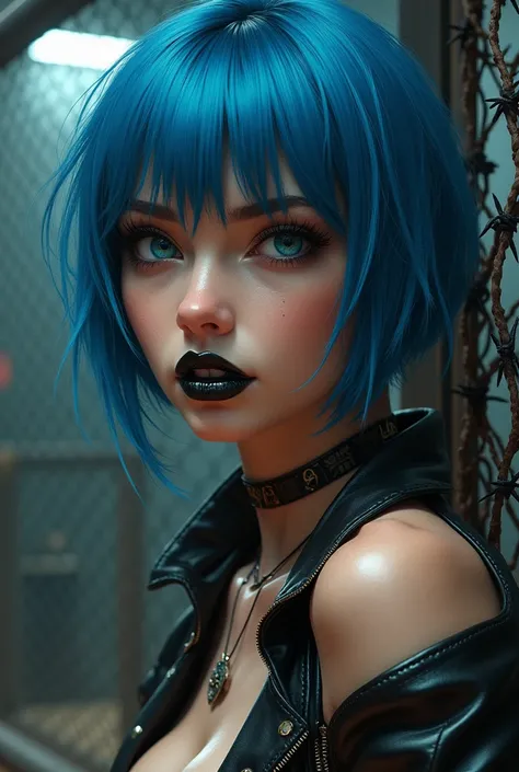 Realistic portrait like a model, up to the waist, of a beautiful adult woman with short blue hair with long bangs to the side. Similar a Vi de League of Legends. 25 years. blue eyes. Dress in punk style. black painted lips. sensual, with a slight confident...