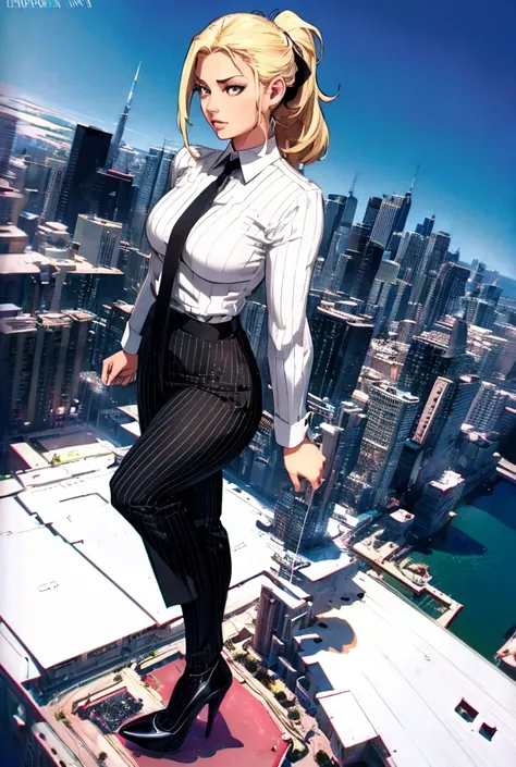 A young curvaceous giantess in white pinstriped three-piece trouser suit, black office shirt, big white necktie windsor knot, blonde ponytail, wearing black platform high heels on feet, standing on a city, cityscape background of mega-city, urban sprawl, s...